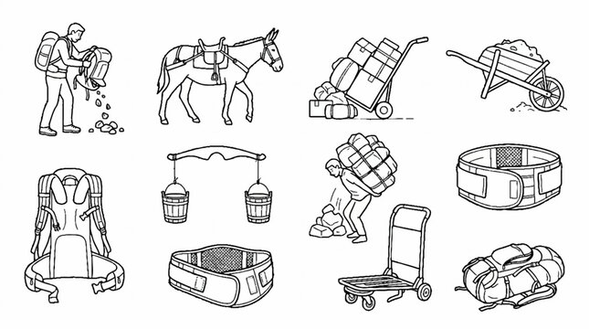 A collection of hand drawn illustrations depicting various methods of manual labor and cargo transportation.