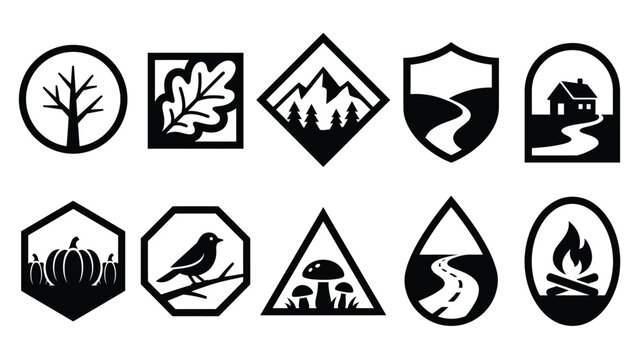 Set of diverse autumn and nature icons in black silhouettes, including trees, leaves, mountains, and a cozy home.