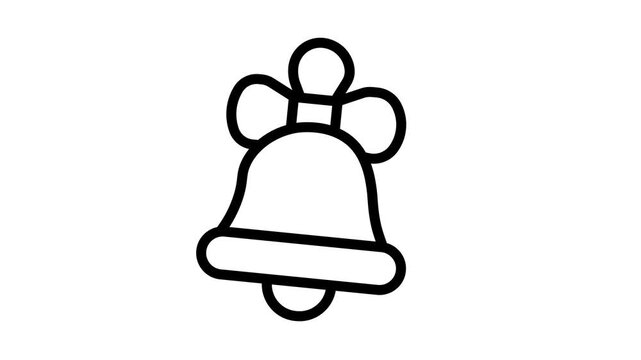 A minimalist black line art icon of a Christmas bell topped with a ribbon bow, centered on a bright white background.