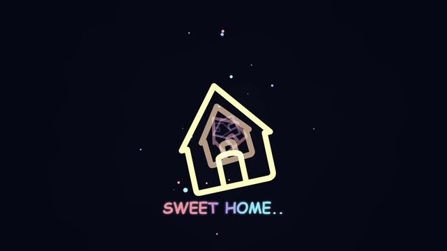 Animated house icon graphic with floating particles and sweet home text