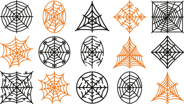 Collection of various black and orange spider web designs for halloween decorations isolated on transparent background