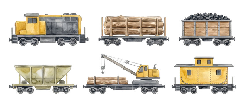 Watercolor freight train clipart set of hand painted locomotive cargo wagons timber flatcar coal hopper crane car and yellow caboose illustrations isolated on a black background for creative design.