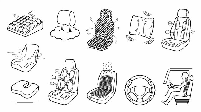 Hand drawn collection of various car seat accessories and ergonomic support cushions.