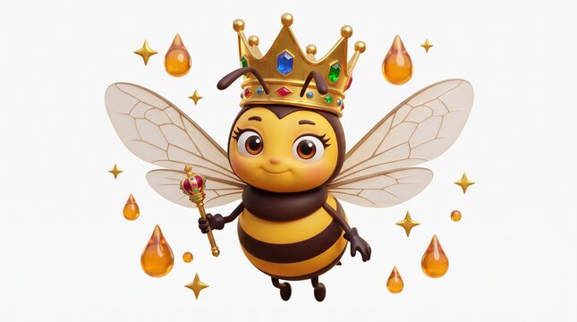 Cute cartoon bee with crown and scepter in whimsical style