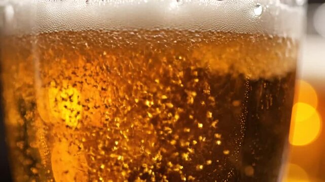 Close up view of a glass of refreshing cold beer with bubbles and foamy head in bright lighting