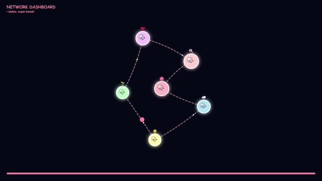 Cute cartoon network dashboard animation with moving glowing nodes