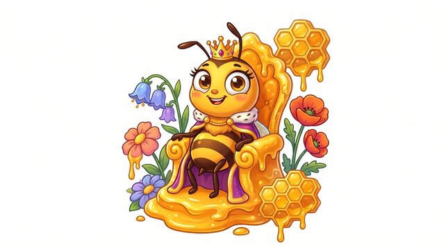 Cute cartoon bee queen sitting on a honey throne with flowers