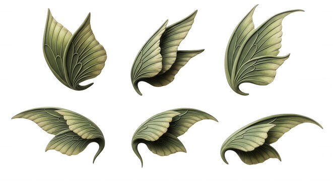 six green fairy wings arranged on white suggesting fantasy magic crafting and decorative themes