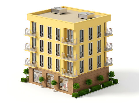 3D isometric illustration of a modern yellow apartment building with retail space on the ground floor.