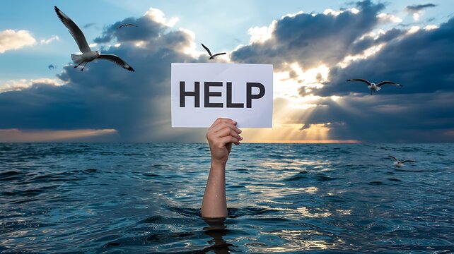 Hand holding help sign in ocean water representing rescue emergency and survival concept