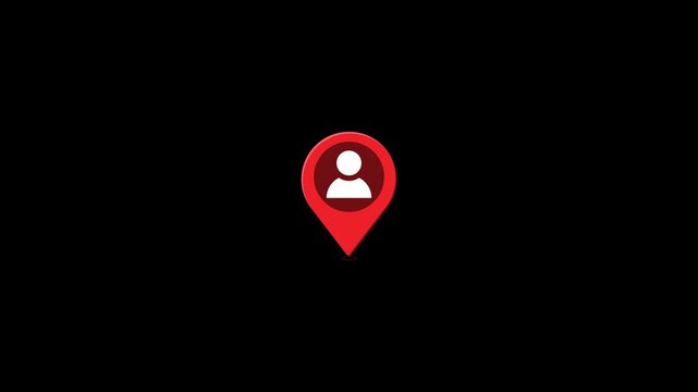 Red location pin with user profile icon for people finder, contact location, geolocation, navigation, map marker, and transparent background animation
