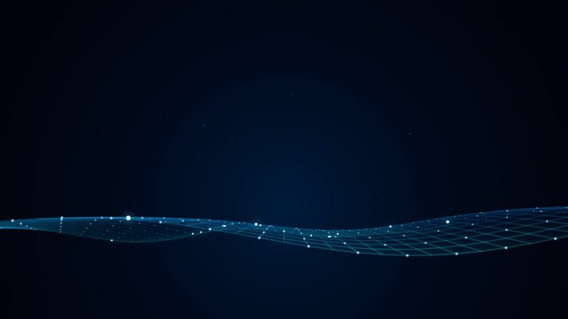 Abstract blue plexus wireframe wave animation with glowing digital particles on dark background for technology concepts.