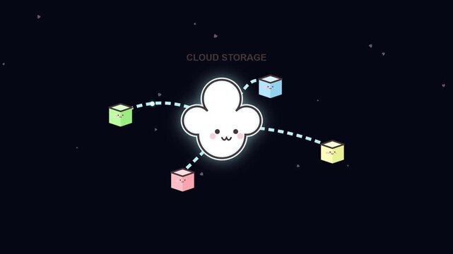 Animated cloud storage concept with cute colorful data blocks moving