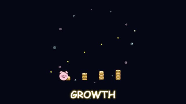 Piggy bank and coin stacks with growth text animation on dark background