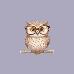 Obraz premium Adorable wise owl wearing eyeglasses perched on a tree branch illustration