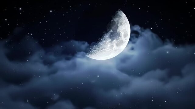 Large crescent moon with visible surface craters shining through dense swirling blue clouds in a dark night sky filled with small sparkling stars and cosmic dust textures.