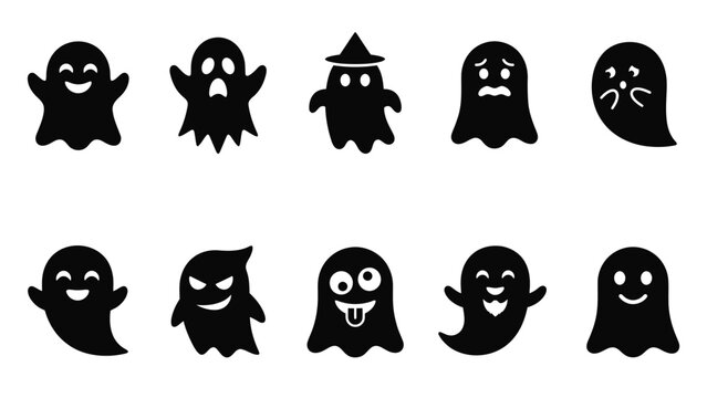 Variety of ten black ghost icons with different emotions and charming styles for halloween.