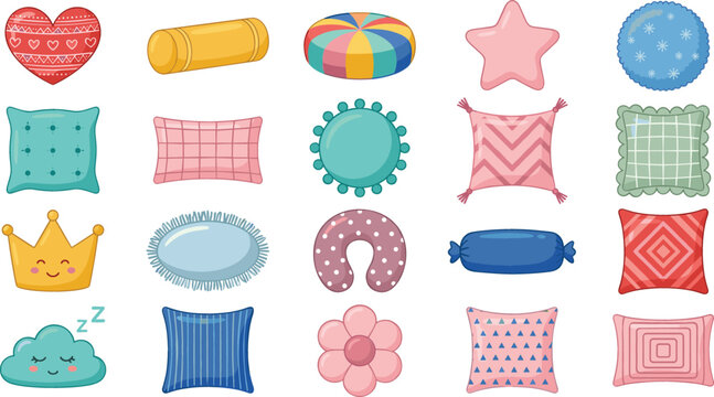Colorful throw pillows and cushions vector icon collection featuring various shapes patterns and textures like heart star crown bolster and square couch cushions.