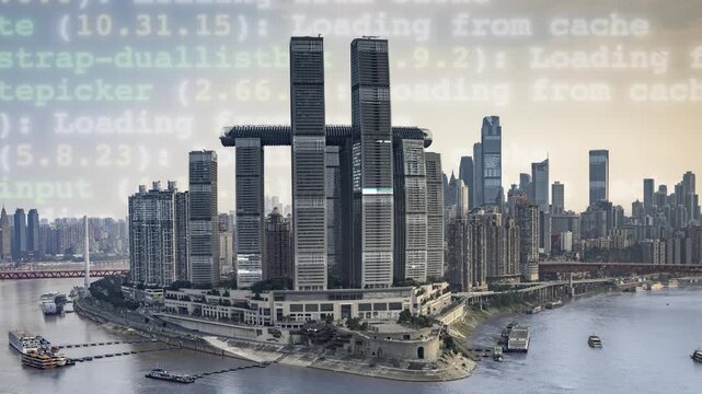chongqing cyberpunk city with overlayed code and data on the buildings