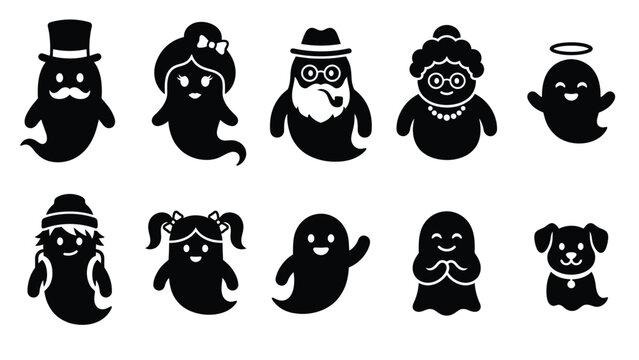 Set of humanized ghost characters with various accessories.