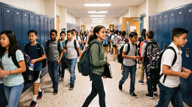 A diverse group of middle school students walking through a busy school hallway with blue metal lockers