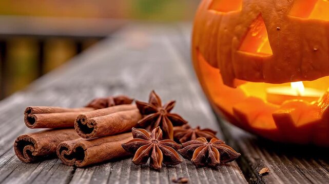 Warm autumn glow illuminates carved pumpkin lantern. Spiced cinnamon sticks rest beside star anise on weathered wood. Flickering candle casts orange light through jack-o'-lantern's grin