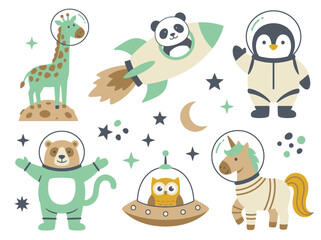 Naklejka premium Cute Cartoon Astronaut Animals Set with Panda in Rocket and Owl in UFO Vector Illustration
