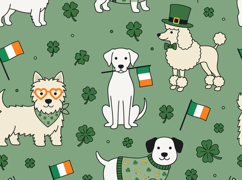 St. Patrick's Day Dog Seamless Pattern, Cute Cartoon Dogs with Shamrocks, Irish Flags, and Leprechaun Hats
