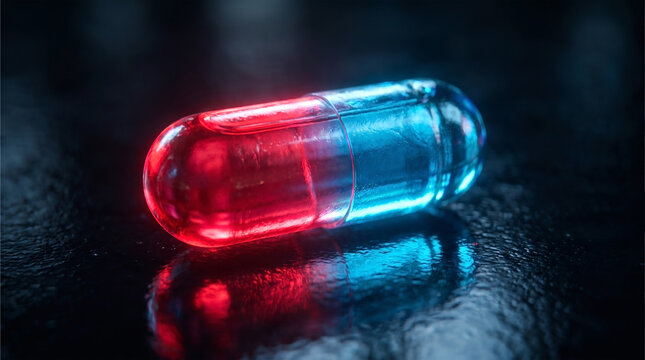 Extreme macro close-up of a futuristic translucent capsule pill glowing neon red and blue on a dark reflective glass table