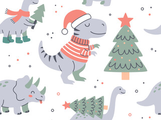 Fototapeta premium Cute Christmas Dinosaur Seamless Pattern with Festive T-Rex and Triceratops