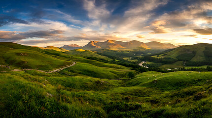 Obraz premium Panoramic mountain landscape at sunset. Golden hour view over green hills and peaks.