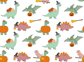Halloween Dinosaurs Seamless Pattern with Pumpkins and Witch Hats © iyoen
