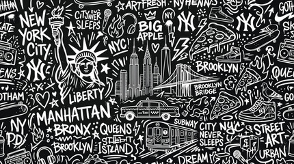 New York City graffiti seamless pattern, urban street art doodle background, black and white NYC landmarks wallpaper vector © Iconify Studio
