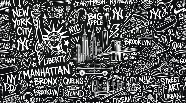 New York City graffiti seamless pattern, urban street art doodle background, black and white NYC landmarks wallpaper vector