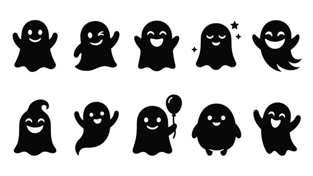 Cute cartoon ghost silhouette set for halloween design elements with funny smiling faces and friendly expressions on white background.