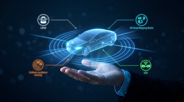 Autonomous car technology hologram, futuristic self-driving vehicle interface with LIDAR and V2X sensors, smart mobility concept for automotive industry