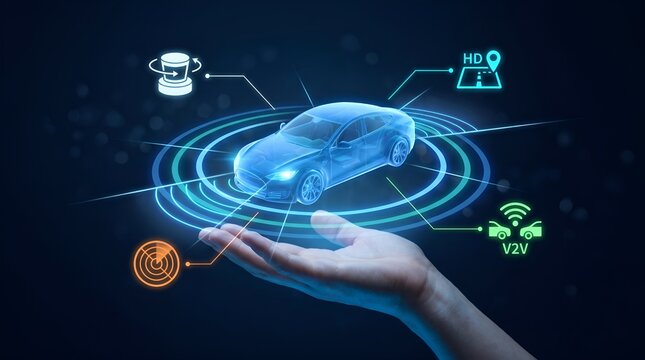 Autonomous car hologram hovering over human hand, futuristic self-driving vehicle technology, smart mobility and V2V connectivity concept