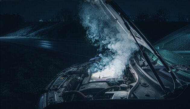 Night scene of overheated car engine, hood open with flashlight illuminating steaming engine.