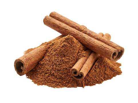 Cinnamon sticks on powder pile. Aromatic spice quills isolated on transparent background
