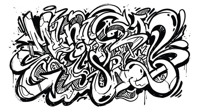 Graffiti wildstyle vector illustration, black and white street art tag with arrows and splatters, urban hip hop mural design element for apparel