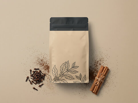 Blank kraft paper pouch mockup. Sustainable food packaging with cinnamon and clove spices.