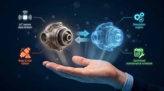 Digital twin technology concept with industrial engine part, IoT sensor data stream and predictive maintenance simulation on hand