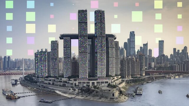 chongqing cyberpunk city with overlayed code and data on the buildings