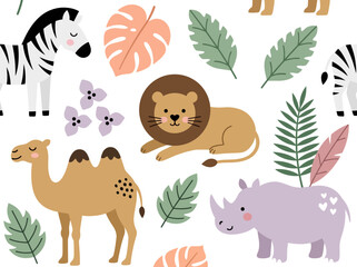 Naklejka premium Cute Safari Animal Seamless Pattern with Lion, Zebra, Camel, and Rhino for Nursery Decor