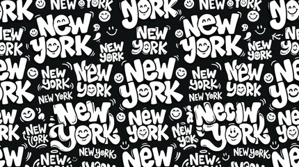 Graffiti style New York typography seamless pattern, urban street art text background, black and white hand drawn letter vector for apparel © Iconify Studio