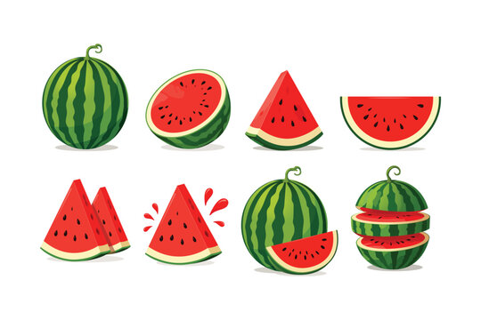 Watermelon vector collection featuring whole, sliced, wedge, half, and creative cut fruit illustrations isolated on white background. Perfect for food branding, packaging, menus, stickers, and summer 