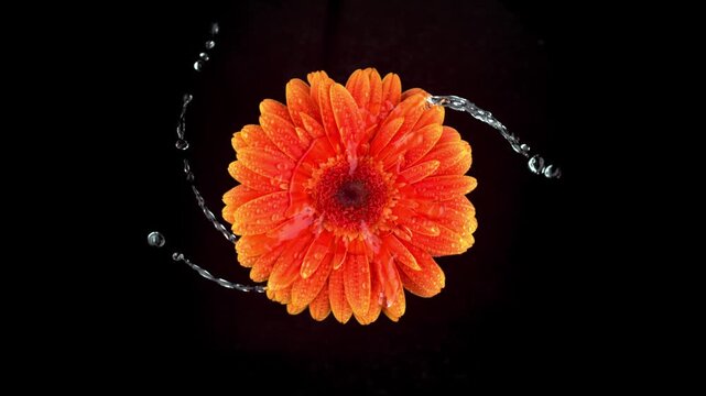 A vibrant orange gerbera daisy flower spinning fast and splashing water droplets outward against a solid dark black background in macro