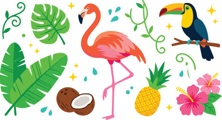 Tropical summer jungle safari vector illustration set with pink flamingo toucan bird monstera banana leaves hibiscus flowers pineapple and coconut © MdSazib