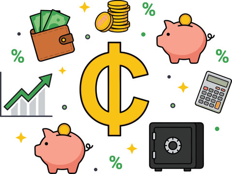 Financial savings and investment vector illustration set with cent currency sign wallet coins piggy bank safe box and growth chart