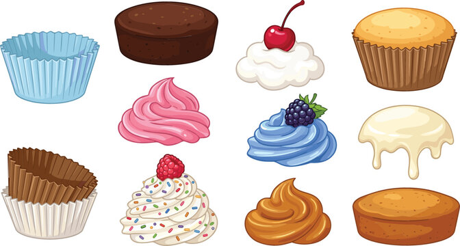 Cupcake construction vector set with paper liners sponge cakes cream frosting swirls sprinkles glaze and berry toppings isolated on white background for bakery designs.